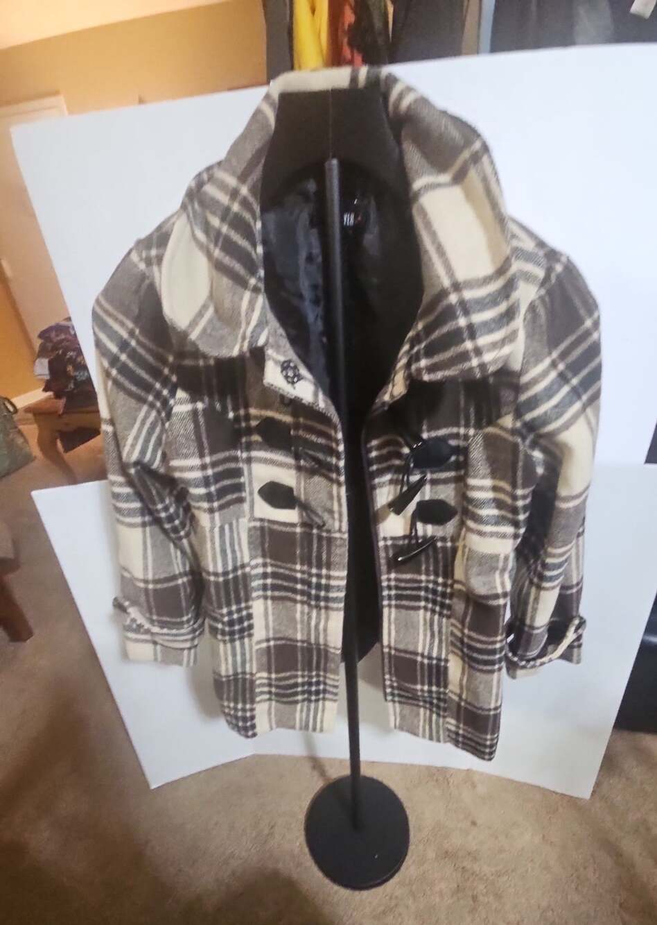Amy Byer Plaid Toggle Coat Size M Brown Cream Hooded Jacket
